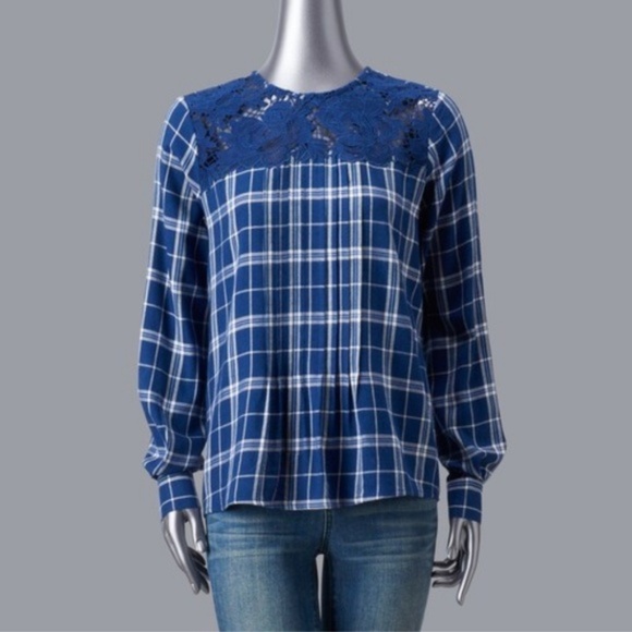 Simply Vera Vera Wang Tops - Simply Vera Wang Blue/Ivory Lace and Plaid Top